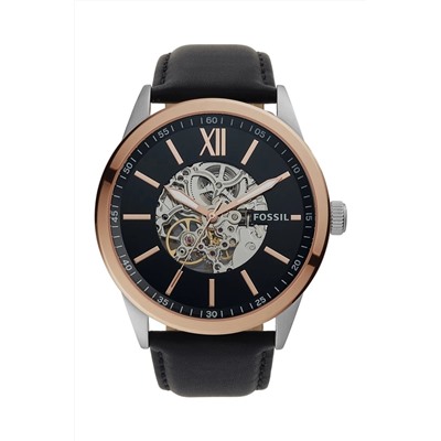 Reloj automático de piel Flynn - Negro y rosa dorado
