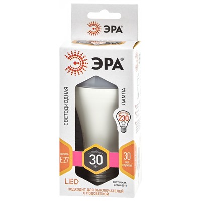 Нарушена упаковка.   Светодиодная лампа Е27 30W 2700К (теплый) Эра LED A65-30W-827-E27 () Б0048015