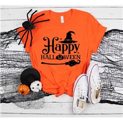 Женская оранжевая футболка  "Happy halloween" метла