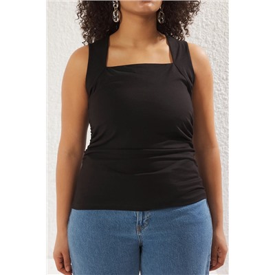 Черный флэш -квадратный вырез Shirred Blouse TBBSS25AF00027