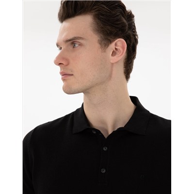 Black Slim Fit Button Polo Yaka Knitwear T -Fork