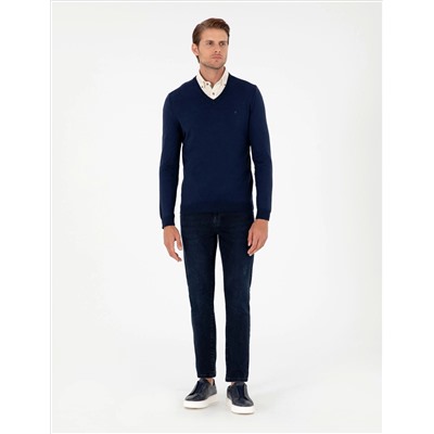 Открытый темно -синий Slim Fit V Neck Basic вязаной свитер