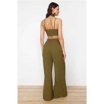Khaki Plaining Buse Bants Bants Set Tbess22au0108