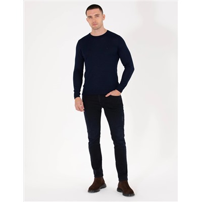 Navy Blue Slim Fit Bike Worke Wool Смешанный базовый вязаный свитер