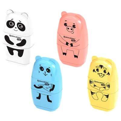 Точилка с ластиком 2 в 1 BRAUBERG KIDS "Зверушки", 2 отверстия, дизайн ассорти, 271989