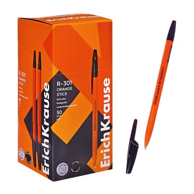 Ручка шариковая ErichKrause R-301 Orange Stick, узел 0.7 мм, чернила чёрные, длина линии письма 2000 метров, штрихкод на ручке