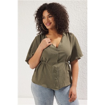 Khaki weaving v -neck -связывающая блузка tbbss22bz0753