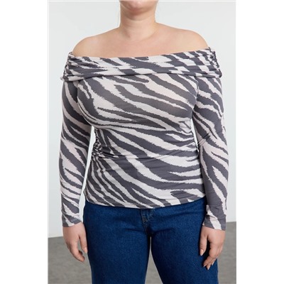 Ecru-Gray с рисунком Carmen воротник Viscose вязание Big Size Blouse TBBAW25AF0002020