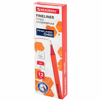Ручка капиллярная (линер) КРАСНАЯ, BRAUBERG "FINE 040", шестигранная, линия письма 0,4 мм, 144142