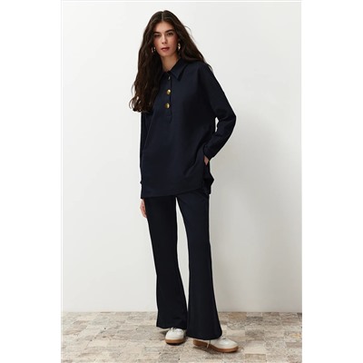 Черный негабаритный Polo Yaka Gold Button подробный вязание STET TCTSS24US00057