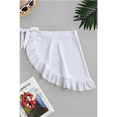 Бело-черное длинное парео из тюля с рюшами и купальником 66000BS