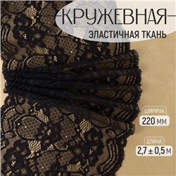 Кружевная эластичная ткань, 220 мм × 2,7 ± 0,5 м, цвет чёрный