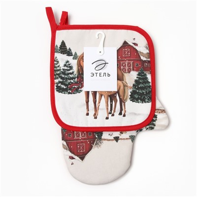 Набор кухонный Этель Нorse family, варежка 20×28 см, прихватка 19×19 см, 100%хлопок