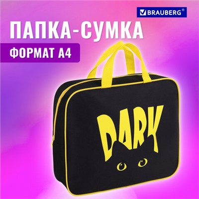 Папка на молнии с ручками BRAUBERG А4, 1 отделение, полиэстер, 80 мм, "Dark cat", 272178