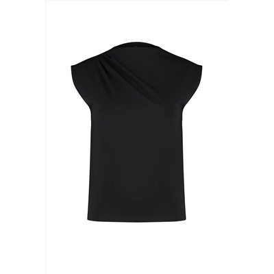 Черная лодочная воротник с нулевым рукавом футболка Shirred вязание Twoss24ts00051