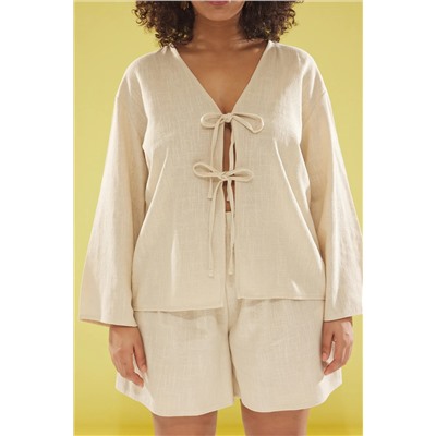 Beige V-образное перевязки детальная хлопчатобумажная пляжная одежда Большого размера команды Nopper TBBSS25CP00012