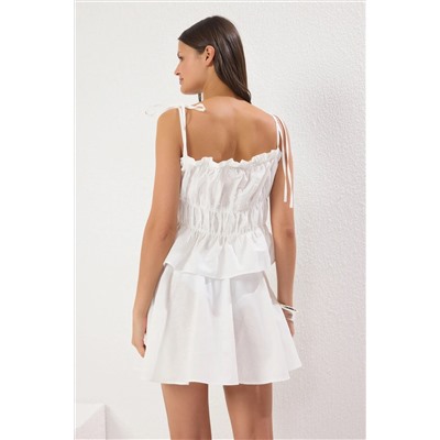 Ecru Plaving Shirring Detailmed Вымпеченный хлопковой блузку для блузки пляж Set Tbess25au00043
