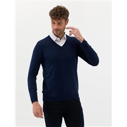 Открытый темно -синий Slim Fit V Neck Basic вязаной свитер