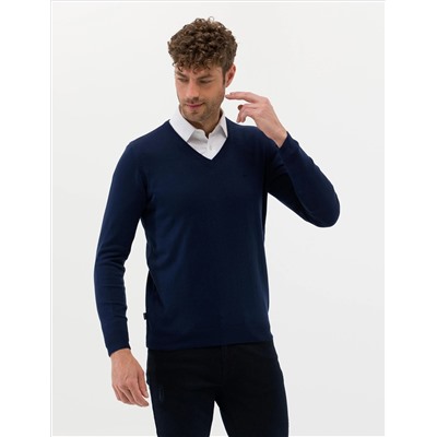 Открытый темно -синий Slim Fit V Neck Basic вязаной свитер