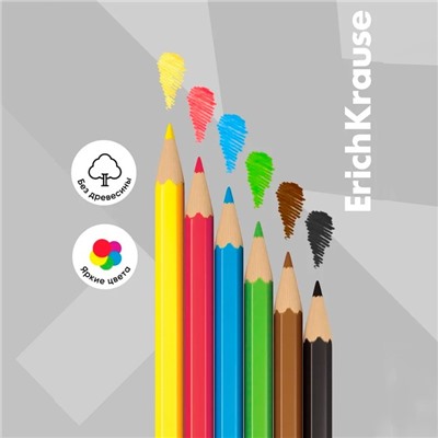 Карандаши 6 цветов, ErichKrause, пластик, шестигранные, 2,6 мм грифель, картонная упаковка, европодвес