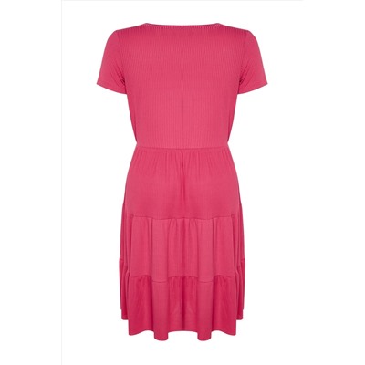 Fuchsia v -neck Volan вязание платье большого размера TBBSS23AH00030