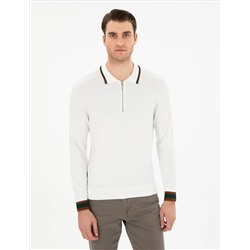 Ekru Slim Fit Zippered polo yaka sipe Смешанный вязаный свитер